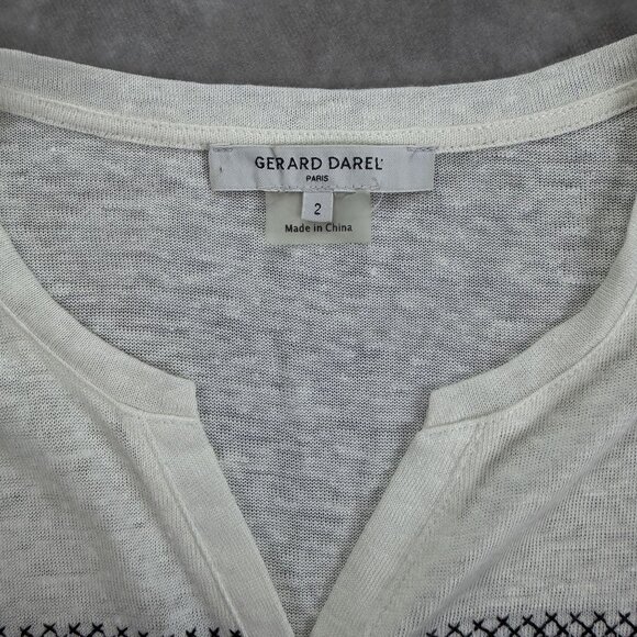 White & Black Tribal Print 100% Linen Long Sleeve Henley Blouse - Picture 7 of 10